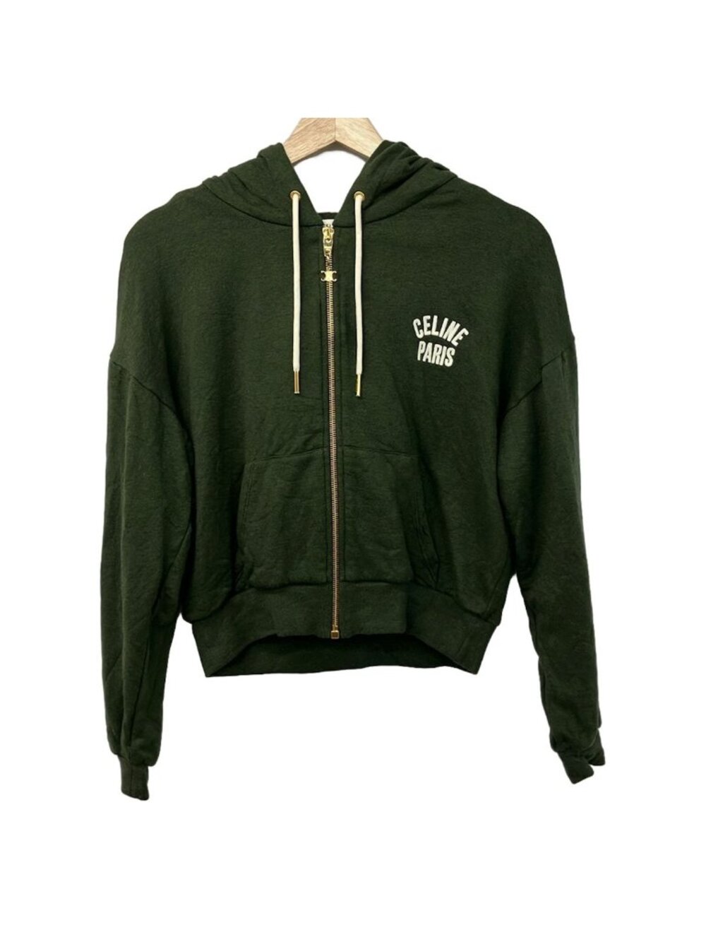 Celine Hoodie Khaki Cropped Zip Up Cashmere Blend XS
